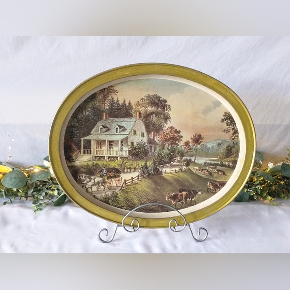 Vintage Currier & Ives Oval Tray - "The American Homestead" - Picture 4 of 11
